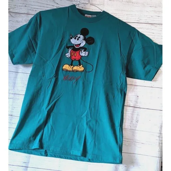 VTG Mickey INC Walt Disney T-shirt Men Unisex Green Applique Short Sleeve SizeXL - Picture 2 of 12